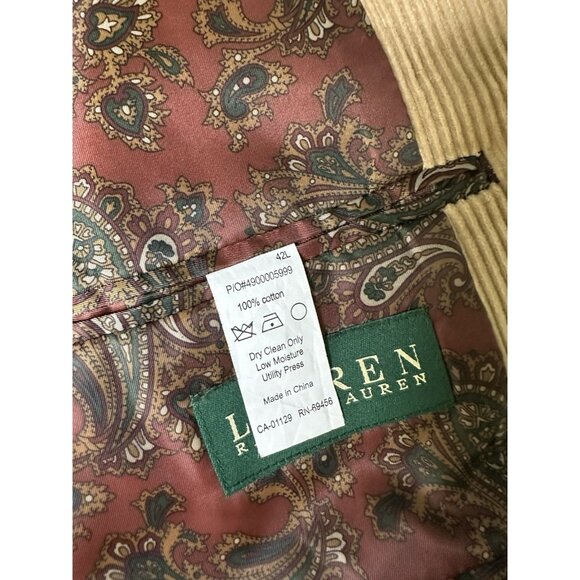 Lauren Ralph Lauren Blazer Men 42 L Brown Corduroy Elbow Patch Paisley Lining - Picture 4 of 9